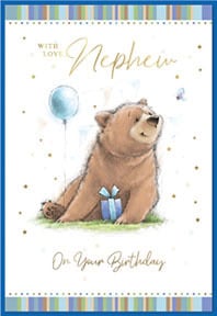 a birthday card for a nephew with a bear holding a balloon and a gift box