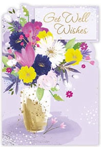 a get well wishes card with flowers in a vase