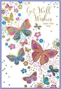 a get well wishes card with butterflies and flowers on it