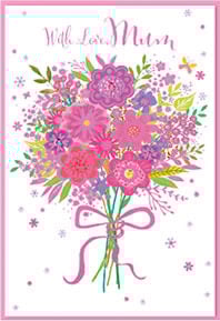 a mother 's day card with a bouquet of pink and purple flowers .
