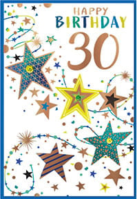 a happy birthday card for a 30th birthday with stars and confetti .