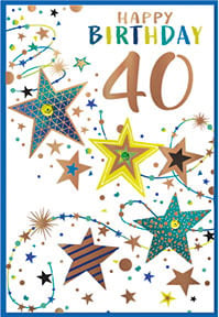 a happy birthday card with stars and the number 40 on it