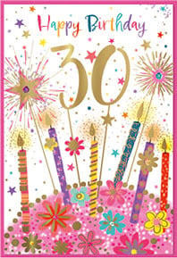 a happy birthday card with candles , flowers and fireworks .