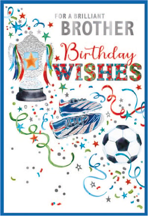 a birthday card for a brother with a soccer ball and a trophy