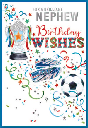 a birthday card for a nephew with a soccer ball and a trophy