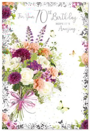 a 70th birthday card with a bouquet of flowers