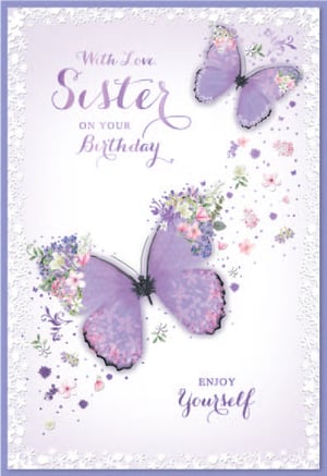 a birthday card for a sister with purple butterflies on it