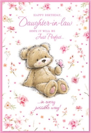 a birthday card for a daughter in law with a teddy bear holding a flower