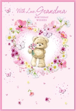 a birthday card for a grandma with a teddy bear holding flowers