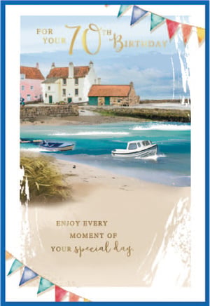 a 70th birthday card with a boat on the beach
