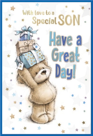 a birthday card for a special son with a teddy bear holding gifts