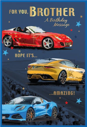 a birthday card for a brother with three sports cars on it