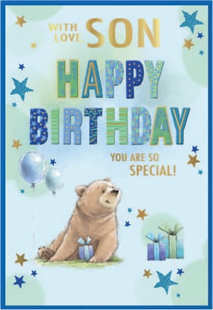 a birthday card for a son with a bear on it