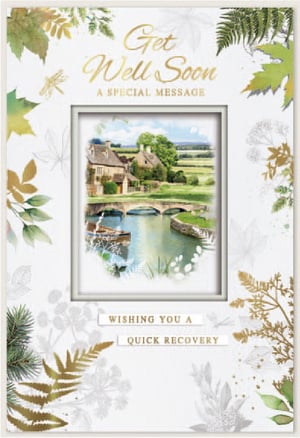 a get well soon card with a picture of a bridge over a river