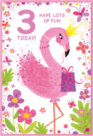 a pink flamingo wearing a crown and holding a gift says have lots of fun today