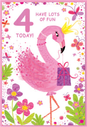 a pink flamingo wearing a crown and holding a gift says " have lots of fun today "