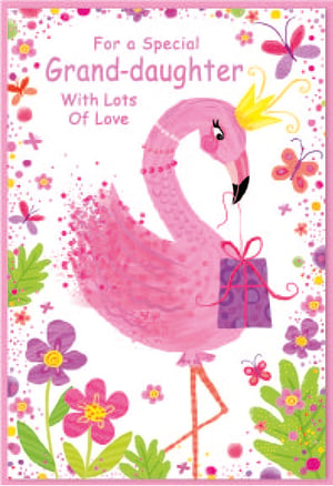 a pink flamingo holding a gift with the words " for a special grand-daughter with lots of love "