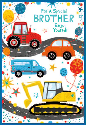 a birthday card for a special brother with cars and balloons