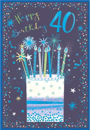 a 40th birthday card with a cake and candles