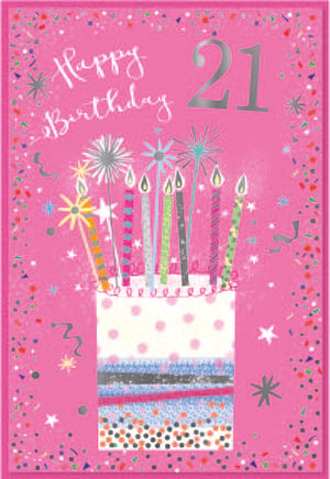 a pink birthday card with a cake and candles and the number 21