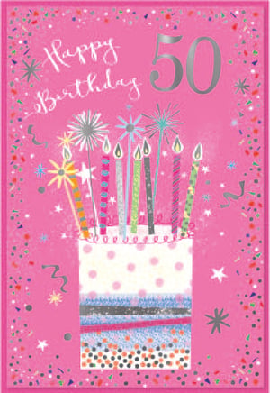 a pink 50th birthday card with a cake and candles