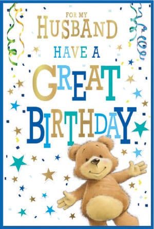 a teddy bear is on a birthday card that says for my husband have a great birthday