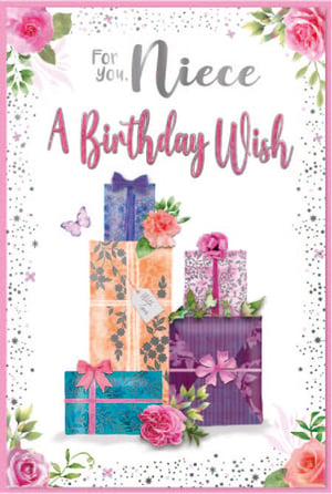 a birthday card for a niece with a stack of presents