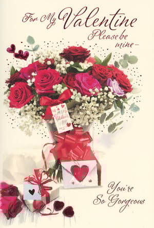 Make Valentine's Day unforgettable with this exquisite card from Simon Elvin. Featuring a breathtaking bouquet of vibrant red and pink roses, complemented by delicate baby's breath and charming heart details, this card is designed to convey heartfelt affection. The elegant script on the front reads "For My Valentine Please be mine -" and "You're So Gorgeous," making it the perfect choice for that special woman. Adorned with delightful gift illustrations and sparkling accents, it's a truly romantic gesture. Available in a convenient pack of 6, this card is an ideal addition to any retailer's Valentine's collection, ready to help customers express their love.