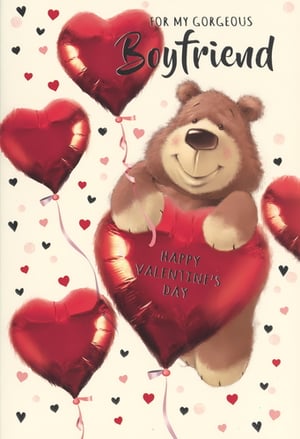 Help your customers celebrate love with this adorable 'Boyfriend' Valentine's Day card from Simon Elvin. This charming design features a smiling brown bear clutching a vibrant red heart-shaped balloon, clearly wishing "Happy Valentine's Day". Surrounding the bear are more shiny red heart balloons, all set against a delightful background sprinkled with smaller hearts. The sweet message "For My Gorgeous Boyfriend" is prominently displayed, making it the perfect choice for expressing affection. Supplied in a convenient pack of 6, these lovely cards are ready to add a touch of warmth and romance to your Valentine's Day offering.