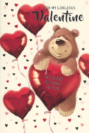 Capture hearts this Valentine's Day with this utterly charming card from Simon Elvin. Featuring an adorable, smiling brown bear lovingly clutching a vibrant red heart balloon that declares 'MY HEART BELONGS TO YOU', it's the perfect way to express affection. Floating around are more glossy red heart balloons and a scattering of sweet little hearts, all set against a warm, inviting background. The message 'FOR MY GORGEOUS Valentine' adds a personal touch, making this card an ideal choice for that special someone. Stock up with our convenient 1x6 pack size and ensure your customers can share their love in the sweetest way possible.