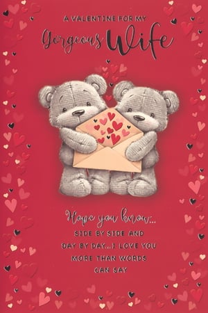 Express your love this Valentine's Day with this lovely card for your wife from Simon Elvin. It features two endearing teddy bears holding an envelope overflowing with hearts, a sweet symbol of your affection. The card's message, "A Valentine for my Gorgeous Wife... Hope you know... Side by side and day by day... I love you more than words can say," offers a warm and personal sentiment. Adorned with a vibrant red background and delicate heart detailing, this card is designed to bring a smile to her face. Perfect for showing appreciation, these cards come in a practical pack of 6, ensuring you're prepared to celebrate your wonderful wife.