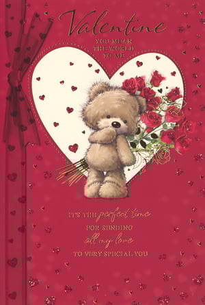 Make this Valentine's Day truly special with this charming card from Simon Elvin. Featuring an adorable teddy bear holding a beautiful bouquet of red roses, nestled within a sparkling heart, this design is sure to capture hearts. The heartfelt message, "Valentine, YOU MEAN THE WORLD TO ME... IT'S THE perfect time FOR SENDING all my love TO VERY SPECIAL YOU," makes it an ideal choice for a cherished female recipient. Stock up on these lovely 'Open Female' cards, available in convenient packs of 6, and help your customers share their affection this romantic season.