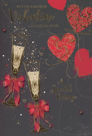 Celebrate love in style this Valentine's Day with this exquisite 'Open Male' card. Featuring a sophisticated design, it showcases two sparkling champagne flutes adorned with vibrant red bows, set against a dark, starry background. Elegant gold foil detailing highlights the romantic message, 'FOR MY AMAZING Valentine PLEASE BE MINE', alongside beautifully patterned red hearts. This luxurious card, complete with space for 'A Special Message' inside, is perfect for expressing your affection. From Simon Elvin, these stunning cards come in a practical pack of 6, ready to charm your customers.