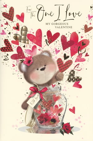 Express your heartfelt affection with this charming 'One I Love' card, designed especially for that special woman in your life. This delightful design features an adorable teddy bear peeking from a jar, surrounded by a cascade of beautiful hearts and the loving message 'MY GORGEOUS VALENTINE'. It's a sweet and tender way to show you care, perfect for Valentine's Day or any occasion to celebrate love. From the trusted Simon Elvin collection, these lovely cards are supplied in a convenient 1x6 pack, ensuring you're well-stocked for your customers.
