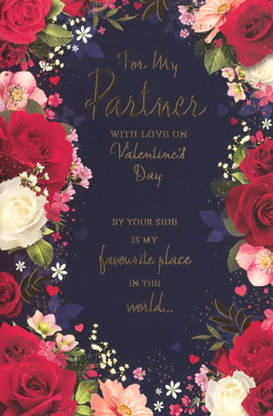 Present a heartfelt message this Valentine's Day with the 'Partner Female' card from Simon Elvin. This elegant design features a lush border of red and white roses, accented with pretty pink flowers and subtle sparkling details, all set against a deep blue background. The tender sentiment, 'For My Partner, WITH LOVE ON Valentine's Day, BY YOUR SIDE IS MY favourite place IN THE world...', offers a beautiful expression of love. Ideal for a cherished partner, this card provides a meaningful way to celebrate your bond. Available in a convenient pack of 6, it's a lovely addition to any seasonal card selection.