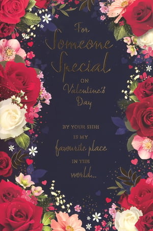 Make this Valentine's Day truly special with our exquisite 'Someone Special Female' card from Simon Elvin. This beautiful design features a rich, dark blue background, elegantly framed by a stunning array of red and white roses, delicate pink blooms, and sparkling accents, creating a truly luxurious feel. The heartfelt message, "For Someone Special on Valentine's Day, BY YOUR SIDE IS MY favourite place IN THE world...", is beautifully presented in elegant gold foil lettering. Perfect for expressing deep affection, this card is sure to delight any recipient. Available in a convenient pack of 6, it's an ideal choice for your retail display this romantic season.