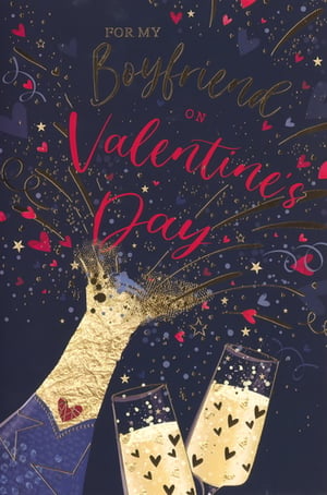 Make his Valentine's Day truly unforgettable with this exquisite card from Simon Elvin. Featuring a sophisticated dark blue background, the elegant gold and red lettering proudly declares 'FOR MY Boyfriend ON Valentine's Day'. The design bursts with celebration, showcasing a popping champagne bottle showering hearts and glitter, alongside two clinking champagne flutes adorned with charming black hearts. It's the perfect way to convey heartfelt affection and celebrate your special connection. This beautiful 'Boyfriend' card is sure to be a popular choice, available in a convenient pack of 6 for your retail needs.