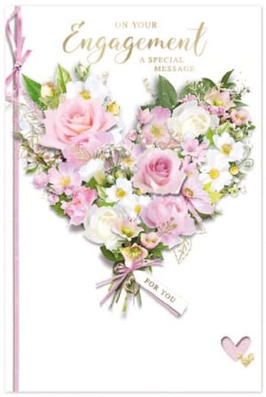 a greeting card for an engagement with a heart shaped bouquet of pink and white flowers .