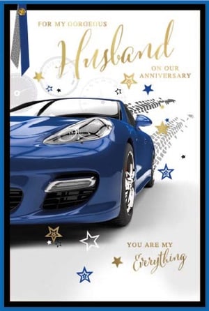 a gorgeous husband on our anniversary card with a blue sports car