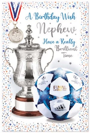 a birthday card for a nephew with a trophy , medal , and soccer ball .