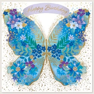 a birthday card with a butterfly and flowers on it .
