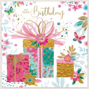 a birthday card with a bunch of gifts and flowers on it .