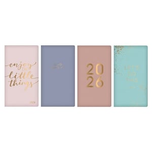four notebooks are lined up with one that says think happy thoughts