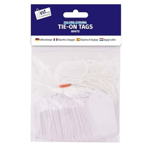 a package of white tie-on tags from usi