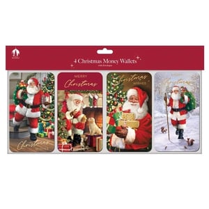 Bring festive cheer to your customers' gifting this Christmas with these delightful 4 Traditional Money Wallets from Tallon. Each pack contains four charming wallets, complete with envelopes, perfect for presenting money or gift cards in style.

These wallets feature a wonderful array of traditional Santa Claus designs, capturing the true spirit of the season. Scenes include Santa delivering gifts by a twinkling Christmas tree, sharing a moment with playful pets by the fireplace, and a snowy stroll with woodland creatures. There's a heartwarming design for everyone.

Stock up for the festive season with our convenient pack size of 1x12, ensuring your shelves are ready for the Christmas rush. These beautifully designed money wallets are a must-have for any festive display, offering a thoughtful and attractive way to give a monetary gift.