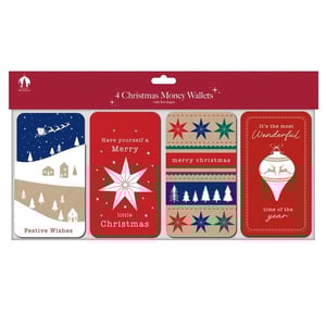 Make gifting money or vouchers extra special this festive season with our charming 4 Kraft Money Wallets. Each pack features four unique and beautifully designed wallets, complete with envelopes, perfect for adding a personal touch to your Christmas presents.

Discover a delightful array of designs, from a serene winter wonderland scene with Santa's sleigh and 'Festive Wishes', to a bold red wallet proclaiming 'Have yourself a Merry little Christmas'. You'll also find a rustic kraft design adorned with stars and trees, wishing a 'merry christmas', and a classic red bauble design with the message 'It's the most Wonderful time of the year'. These wallets blend traditional festive colours with a lovely kraft aesthetic, ensuring your thoughtful gift stands out.