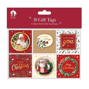 Add a touch of festive charm to every present with our 18 Traditional Hand Finished Gift Tags from Tallon. This delightful pack, part of the Festive Wonderland collection, includes 6 unique folded, peel & stick designs, ensuring there's a perfect tag for every gift. Featuring classic Christmas imagery like jolly Santa, elegant holly, and cheerful robins, alongside heartfelt messages such as 'Merry Christmas,' 'Season's Greetings,' and 'Just For You.' These beautifully crafted tags make gift-giving effortless and add a truly special finish. Available in a convenient 1x12 pack size for your retail needs.