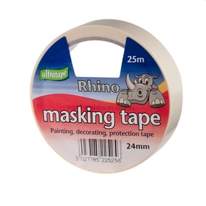 Get your projects sorted with the reliable Ultratape Rhino Masking Tape! This essential tape measures a generous 25m in length and 24mm in width, making it perfect for a wide range of tasks. Whether you're tackling painting jobs, intricate decorating projects, or simply need dependable surface protection, this tape is designed to deliver clean lines and secure hold.

The 'Rhino' branding isn't just for show – it signifies a robust and trustworthy product you can count on. Supplied by Bruce Douglas, this masking tape is available as single rolls, ready to help you achieve professional results every time. A must-have for any toolkit!