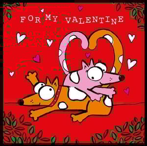 a cartoon of two dogs hugging each other on a red background .