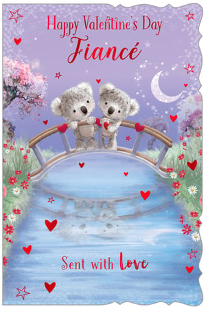 a valentine 's day card with two teddy bears on a bridge
